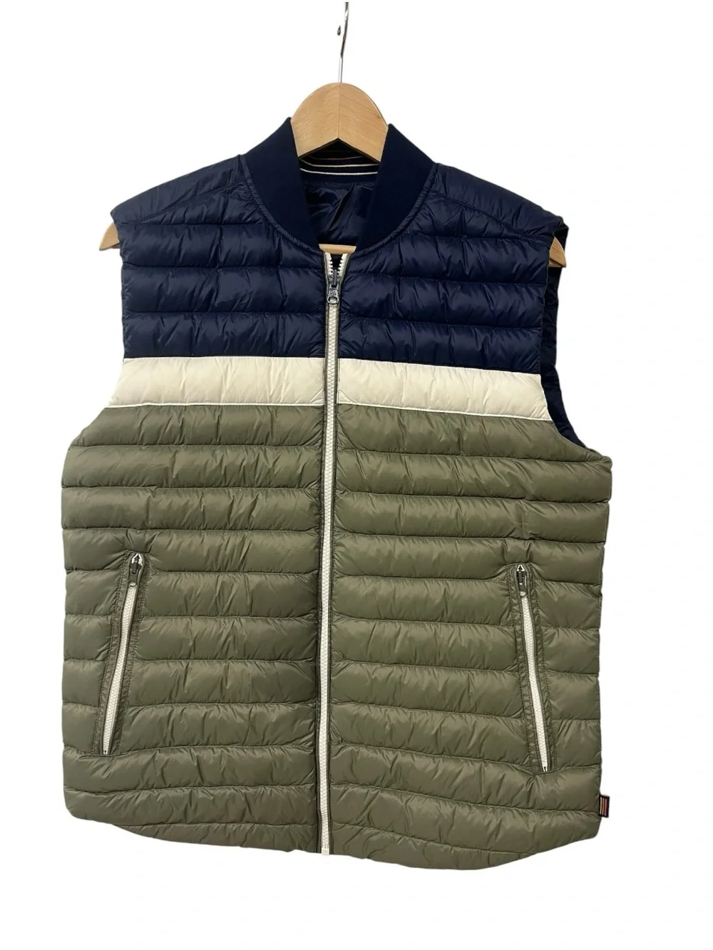 Marine Layer Vail Reversible Down Puffer Vest Mens Full Zip Navy Olive White M